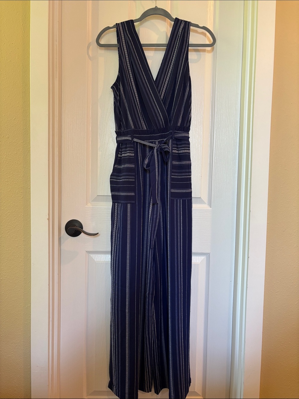 Monteau Navy and White Striped Jumpsuit with Tie Waist